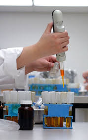 Laboratory technician pipetting compound samples into vials for analysis